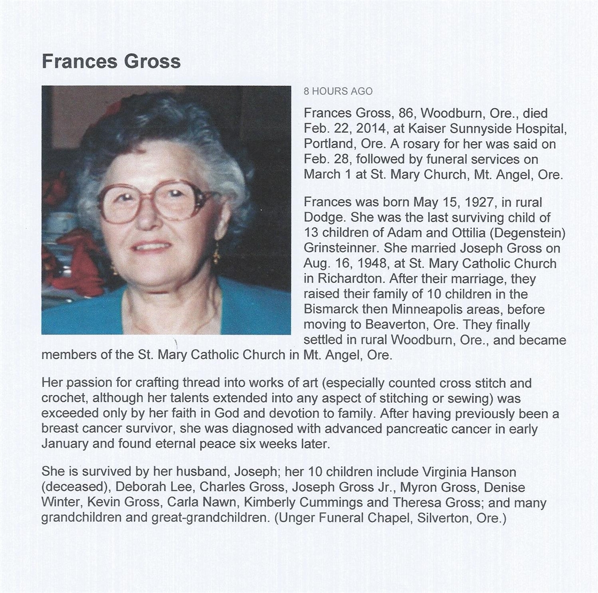 February 22, 2014 Frances obit card.